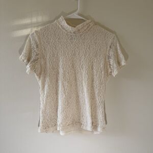 Field Manor Cream Crochet Lace Short Sleeve Mock Neck Top Y2K Classy Vtg Medium